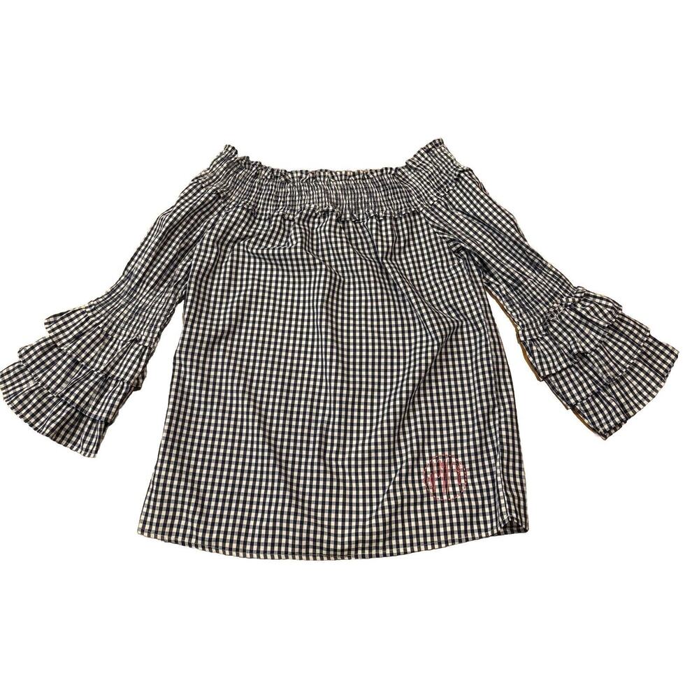Style House Top Women's Size Medium Blue White Off Shoulder Bell Sleeve Gingham